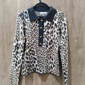 Ganni Animal Print Long Sleeve Top with Dark Collar